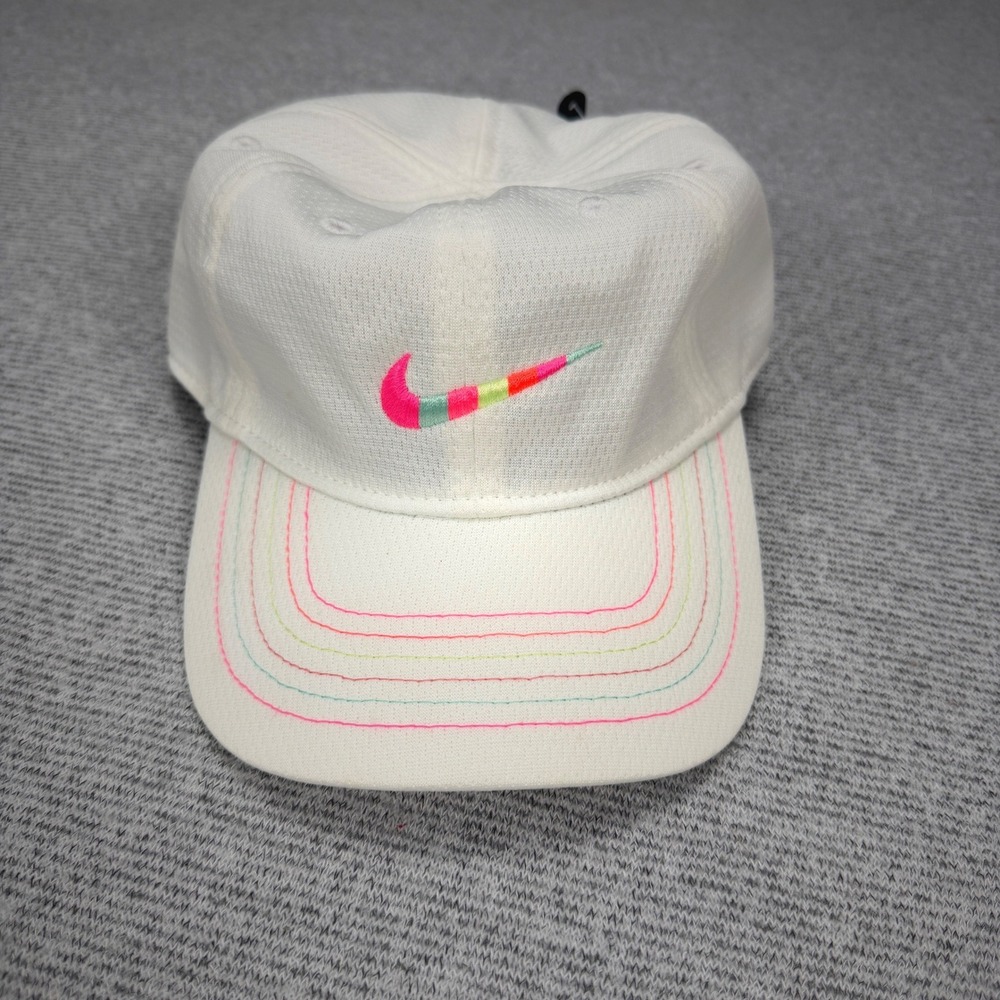 Nike Dri-FIT Toddler White Baseball Hat Multi Color Swoosh Rainbow Stitch